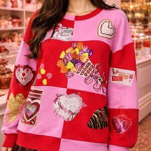 NWT Queen of Sparkles Red & Pink Checkered Valentine Icons Sequin Sweatshirt